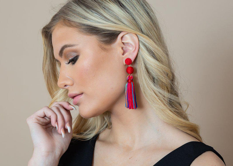 Rainbow Multi-Color Tassel Drop Earrings-Hand In Pocket