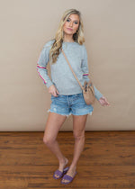 BB Dakota Posting Up Rainbow Sleeve Stripe Sweatshirt-***FINAL SALE***-Hand In Pocket