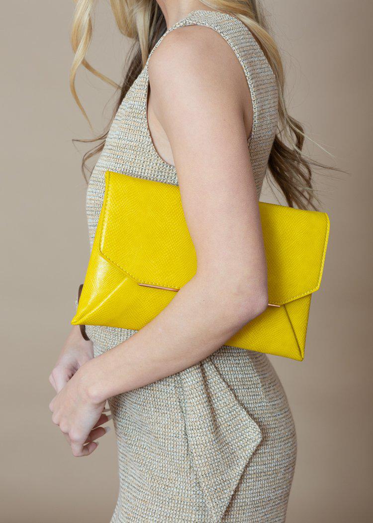 Lena Canary Yellow Lizard Envelope Clutch-Hand In Pocket