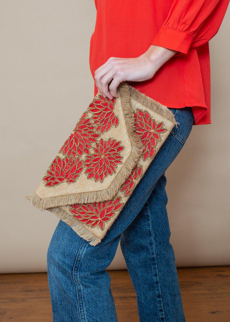 Kuta Red Embroidered Beaded Clutch-Hand In Pocket