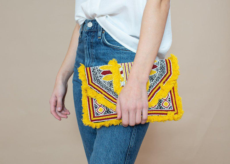 Canguu Yellow Beaded Detailed Clutch-Hand In Pocket
