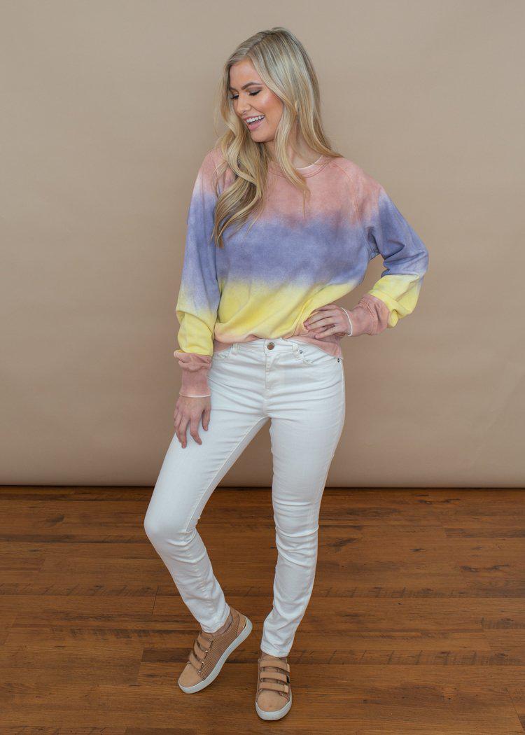 Washed Tie Dye Rainbow Long Sleeve Pullover-Hand In Pocket