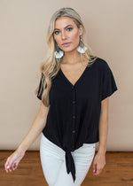 Bobi Black Button Up Tie Front Top-Hand In Pocket