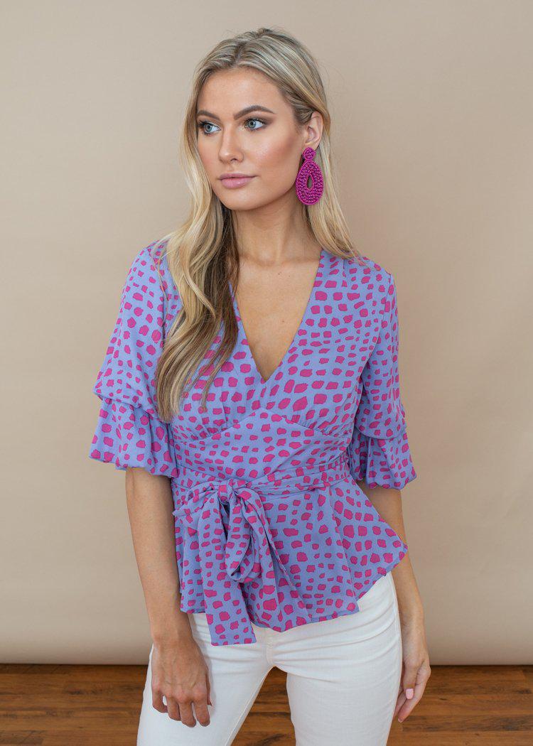 Adelyn Rae Periwinkle and Pink Loma Printed Blouse-***FINAL SALE***-Hand In Pocket