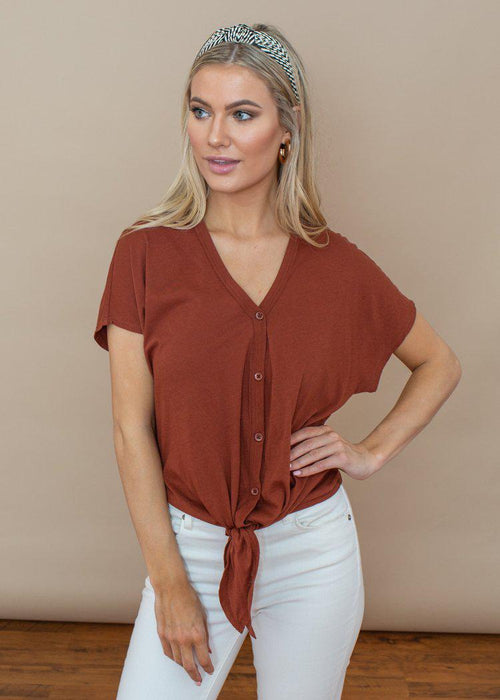 Bobi Copper Button Up Tie Front Top-Hand In Pocket