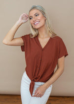 Bobi Copper Button Up Tie Front Top-Hand In Pocket