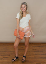 THML Ivory and Pink Embroidered Striped Tulum Shorts-***FINAL SALE***-Hand In Pocket