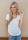 Bobi Basic White Scoop Neck Tee-Hand In Pocket