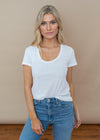 Bobi Basic White Scoop Neck Tee-Hand In Pocket