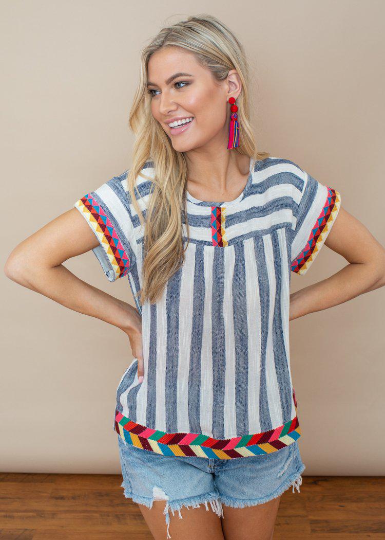 THML Ivory and Navy Embroidered Striped Punta Mita Top-Hand In Pocket