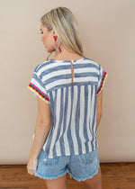THML Ivory and Navy Embroidered Striped Punta Mita Top-Hand In Pocket