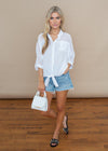 Pinch White Button Up Tie Front Sheer Blouse-Hand In Pocket