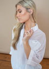 Pinch White Button Up Tie Front Sheer Blouse-Hand In Pocket
