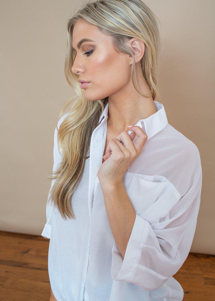 Pinch White Button Up Tie Front Sheer Blouse-$58 – Hand In Pocket