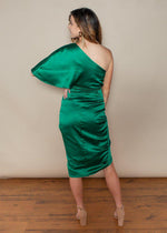 Do + Be One Shoulder Emerald Cocktail Dress-Hand In Pocket