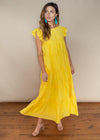 Tiered Yellow Ruffle Cap Sleeve Maxi Dress-Hand In Pocket
