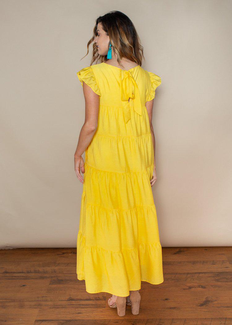 Tiered Yellow Ruffle Cap Sleeve Maxi Dress-Hand In Pocket