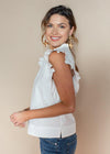 English Factory White Ruffled High Neck Cap Sleeve Top-Hand In Pocket