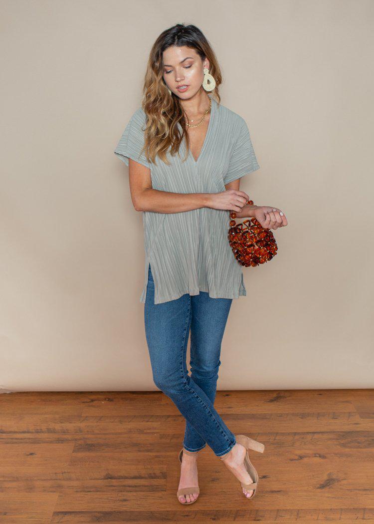 Miramar Sage Green V-Neck Tunic-Hand In Pocket