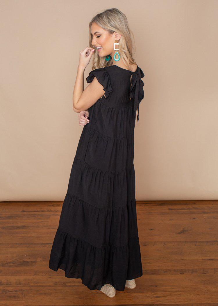 Tiered Black Ruffle Cap Sleeve Maxi Dress-Hand In Pocket