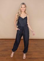 Washed Black Silky Drawstring Abbey Jumpsuit-Hand In Pocket