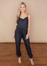 Washed Black Silky Drawstring Abbey Jumpsuit-Hand In Pocket
