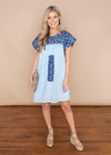 J. Marie Blakely Cap Sleeve Short Blue Embroidered Dress-Hand In Pocket