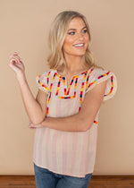 THML Embroidered Babydoll Pink and White Stripe Top-Hand In Pocket
