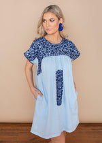 J. Marie Blakely Cap Sleeve Short Blue Embroidered Dress-Hand In Pocket