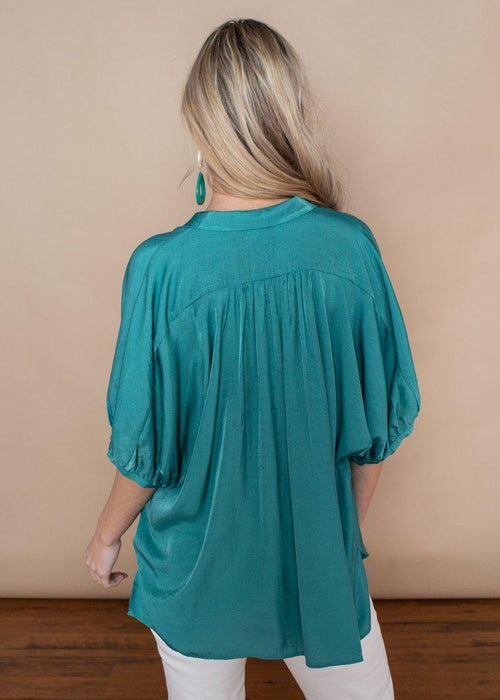 See U Soon Turquoise Button Down Puff Sleeve Blouse-Hand In Pocket