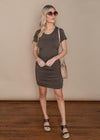Bobi Short Sleeve Ruched Mini Dress-Brigade-Hand In Pocket