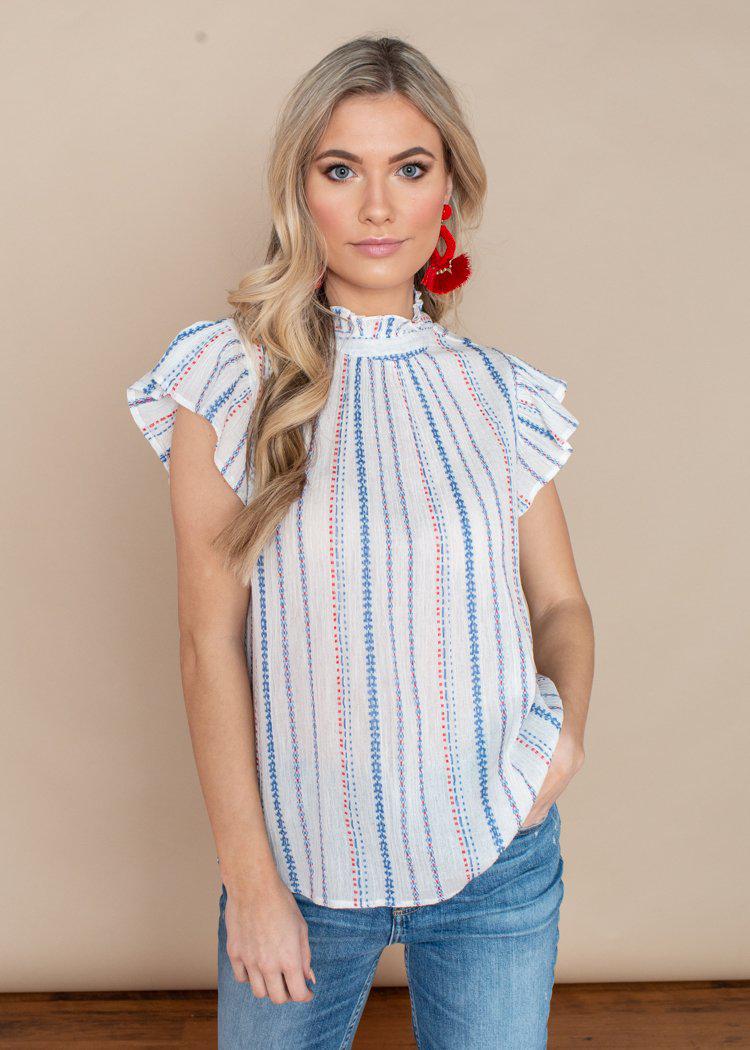 THML Striped Flutter Sleeve Embroidered Top-White-Hand In Pocket