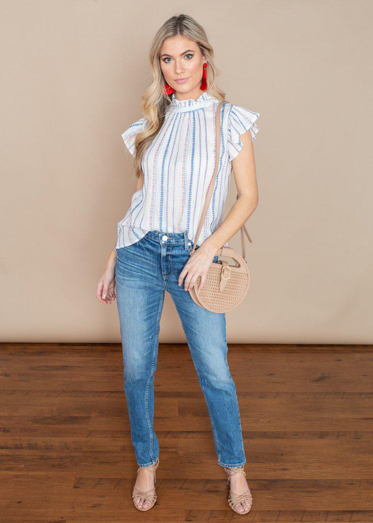THML Striped Flutter Sleeve Embroidered Top-White-Hand In Pocket