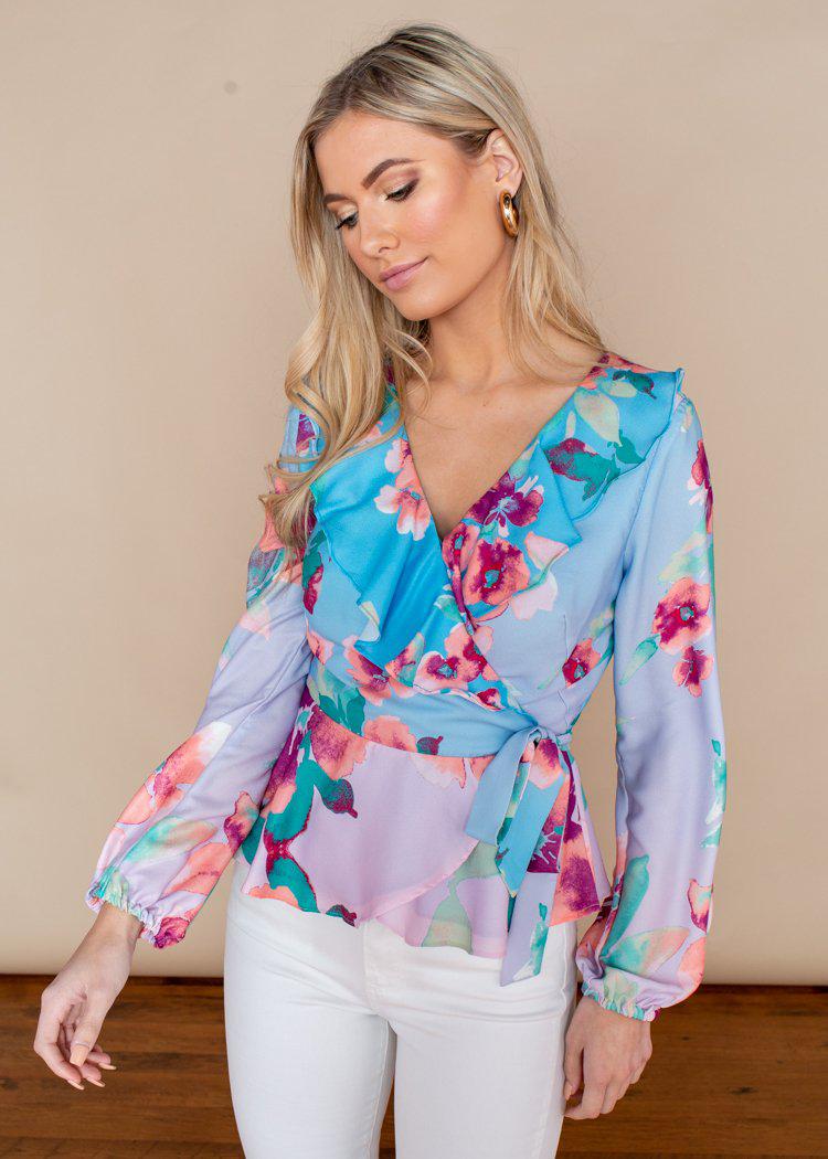 Adelyn Rae Maisy Floral Pastel Wrap Blouse-***FINAL SALE***-Hand In Pocket