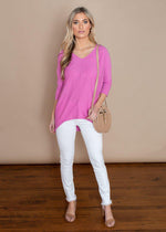 Bobi 3/4 Sleeve Hi/Lo Bouquet V-Neck Top-Hand In Pocket