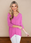 Bobi 3/4 Sleeve Hi/Lo Bouquet V-Neck Top-Hand In Pocket