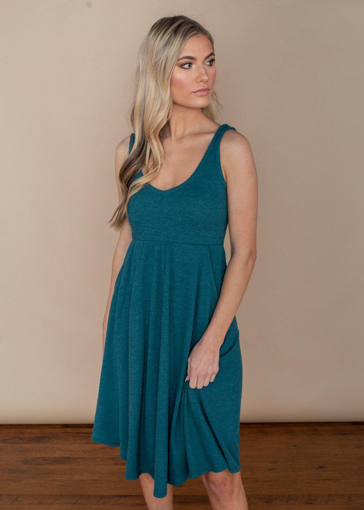 Chaser Ribbed Double V Tank Midi Dress in Moroccan Blue-***FINAL SALE***-Hand In Pocket