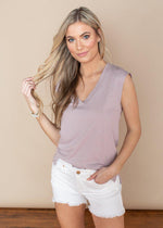 Bobi Washed Lavender V-Neck Muscle Tank-Hand In Pocket