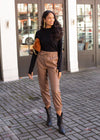 Maysie Faux Leather Smocked Waist Jogger - Milk Chocolate-Hand In Pocket