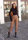 Maysie Faux Leather Smocked Waist Jogger - Milk Chocolate-Hand In Pocket