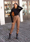 Maysie Faux Leather Smocked Waist Jogger - Milk Chocolate-Hand In Pocket