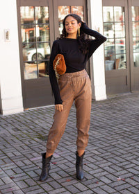 Maysie Faux Leather Smocked Waist Jogger - Milk Chocolate-Hand In Pocket
