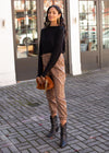 Maysie Faux Leather Smocked Waist Jogger - Milk Chocolate-Hand In Pocket