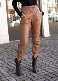Maysie Faux Leather Smocked Waist Jogger - Milk Chocolate-Hand In Pocket