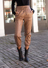 Maysie Faux Leather Smocked Waist Jogger - Milk Chocolate-Hand In Pocket