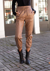 Maysie Faux Leather Smocked Waist Jogger - Milk Chocolate-Hand In Pocket