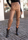 Maysie Faux Leather Smocked Waist Jogger - Milk Chocolate-Hand In Pocket