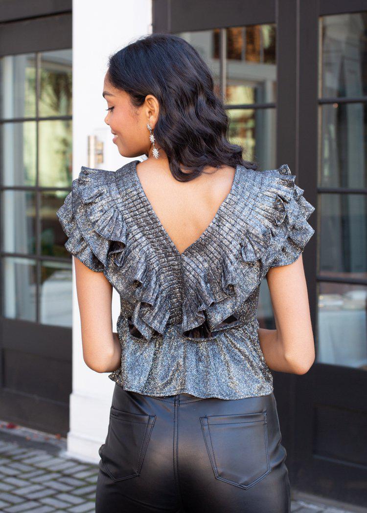 Noelle Ruffled Sparkle Double V Top- ***FINAL SALE***-Hand In Pocket