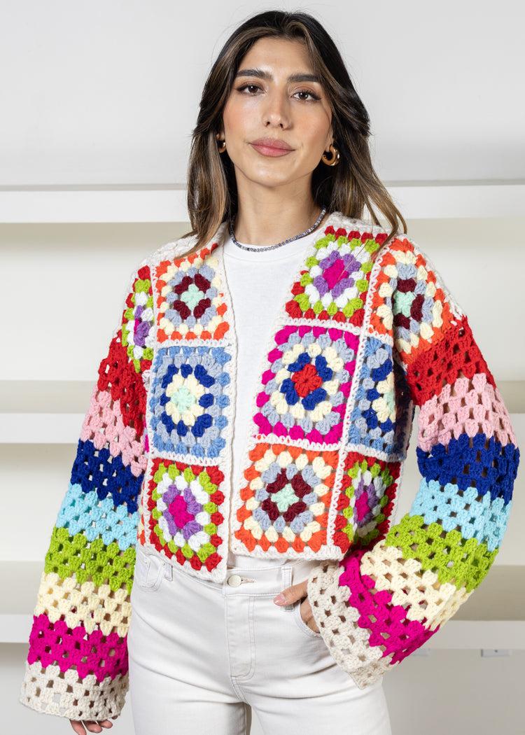 Colette Rainbow Multi Crochet Cardigan-Hand In Pocket