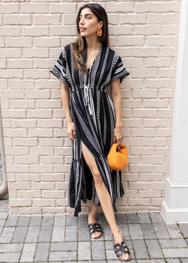 Elan Faith Caftan V Neck Midi Dress-Hand In Pocket